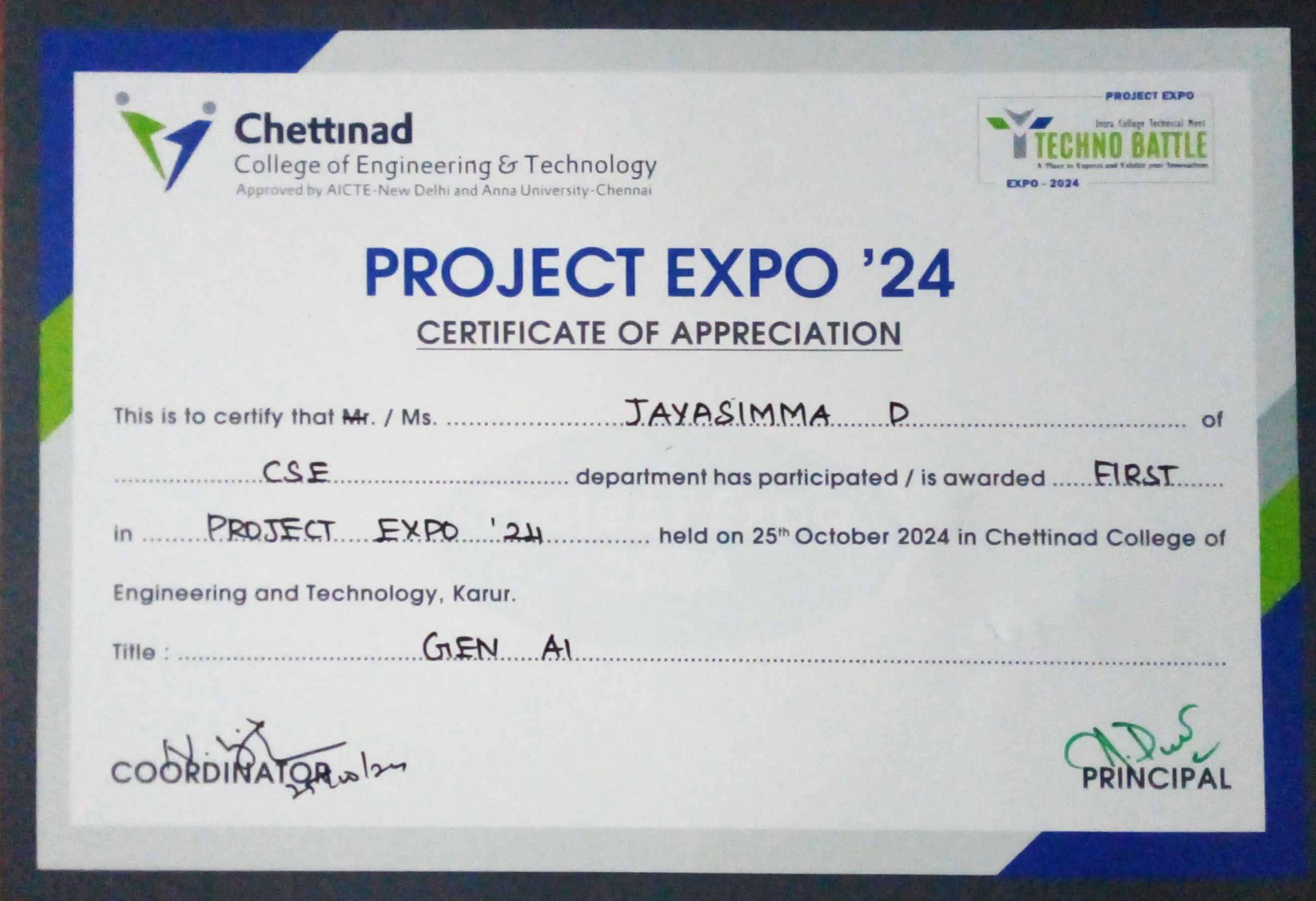 Project Presentation Winner - Chettinad College of Engineering and Technology