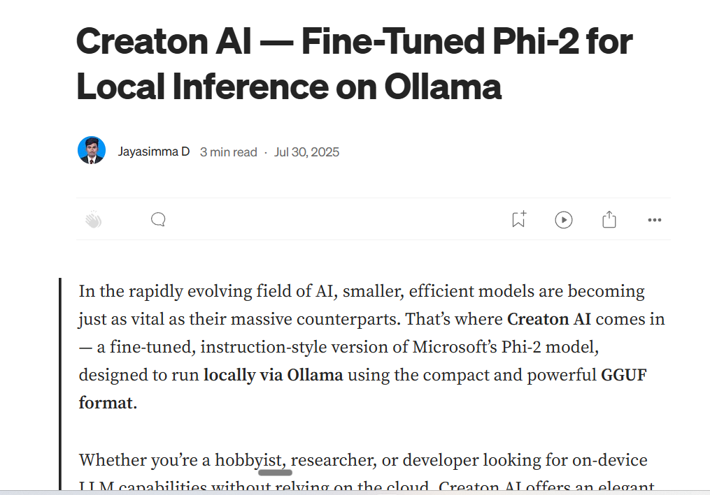 Creaton AI — Fine-Tuned Phi-2 for Local Inference on Ollama - Blog Post Cover